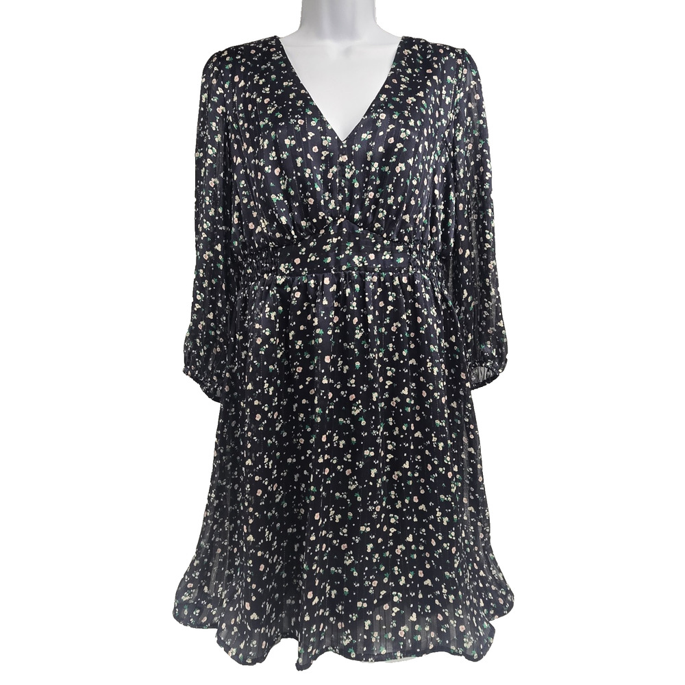Collective Concepts Womens Dress V Neck Smocked Blue Gold Ditsy Floral Size L